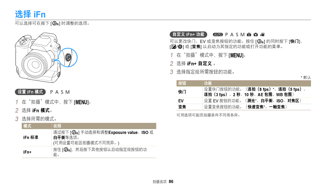 Samsung EC-WB2200BPBE3 manual 在拍摄模式中，按下 m。 选择 iFn 模式。 选择所需的模式。, 在拍摄模式中，按下 m。 选择 iFn+ 自定义 。 选择指定给所需按钮的功能。, 设置 iFn 模式 