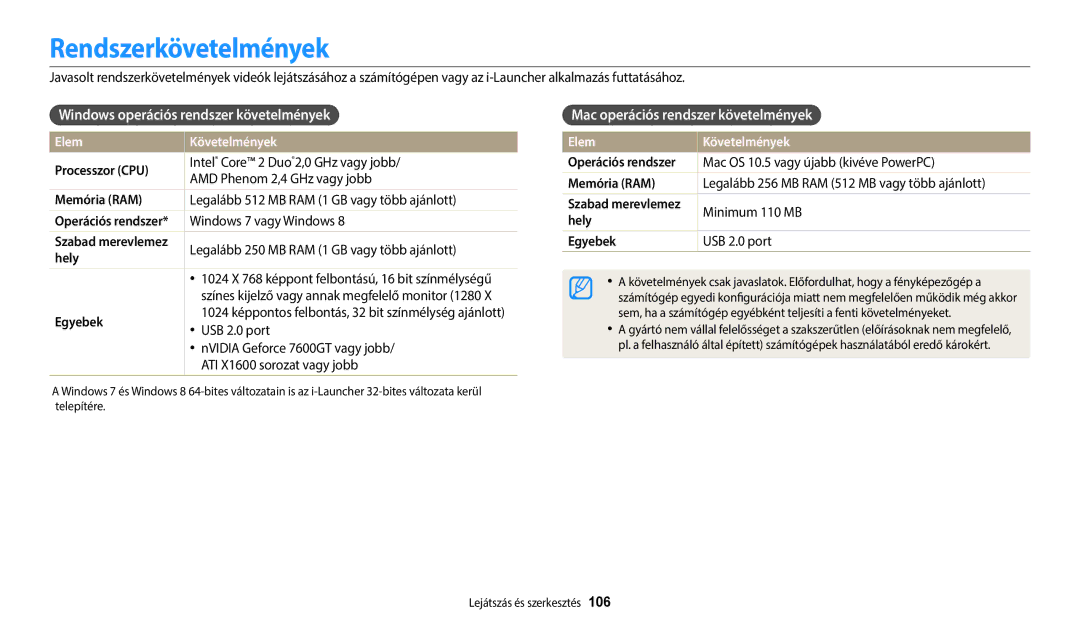 Samsung EC-WB2200BPBE3 manual Rendszerkövetelmények, Windows operációs rendszer követelmények, Elem Követelmények 