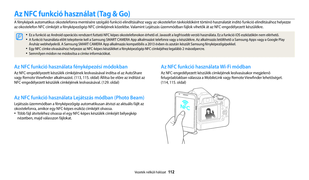 Samsung EC-WB2200BPBE3 manual Az NFC funkció használat Tag & Go, Az NFC funkció használata fényképezési módokban 