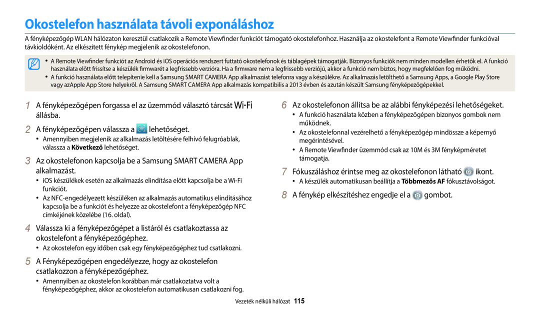 Samsung EC-WB2200BPBE3 manual Okostelefon használata távoli exponáláshoz, Fénykép elkészítéshez engedje el a gombot 