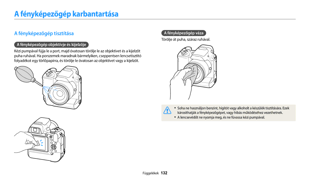 Samsung EC-WB2200BPBE3 manual Fényképezőgép karbantartása, Fényképezőgép tisztítása, Fényképezőgép objektívje és kijelzője 