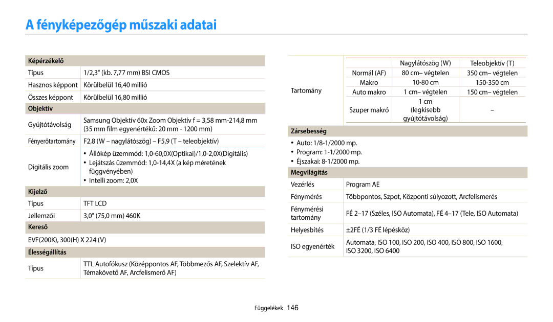 Samsung EC-WB2200BPBE3 manual Fényképezőgép műszaki adatai, Képérzékelő, Kereső, Élességállítás, Megvilágítás 