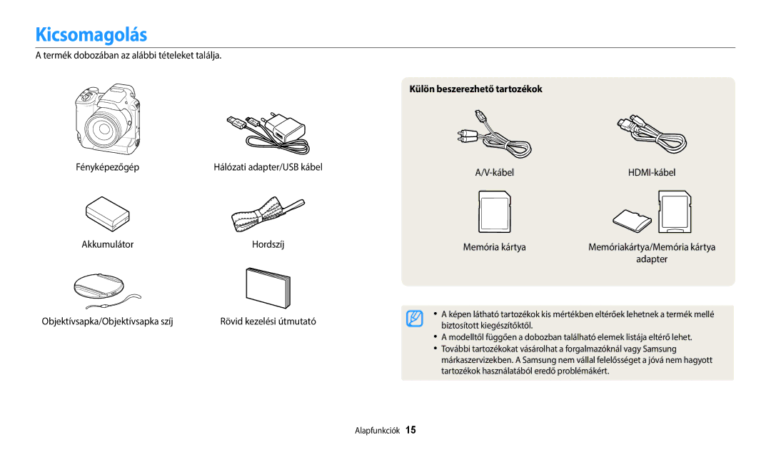 Samsung EC-WB2200BPBE3 manual Kicsomagolás, Külön beszerezhető tartozékok 