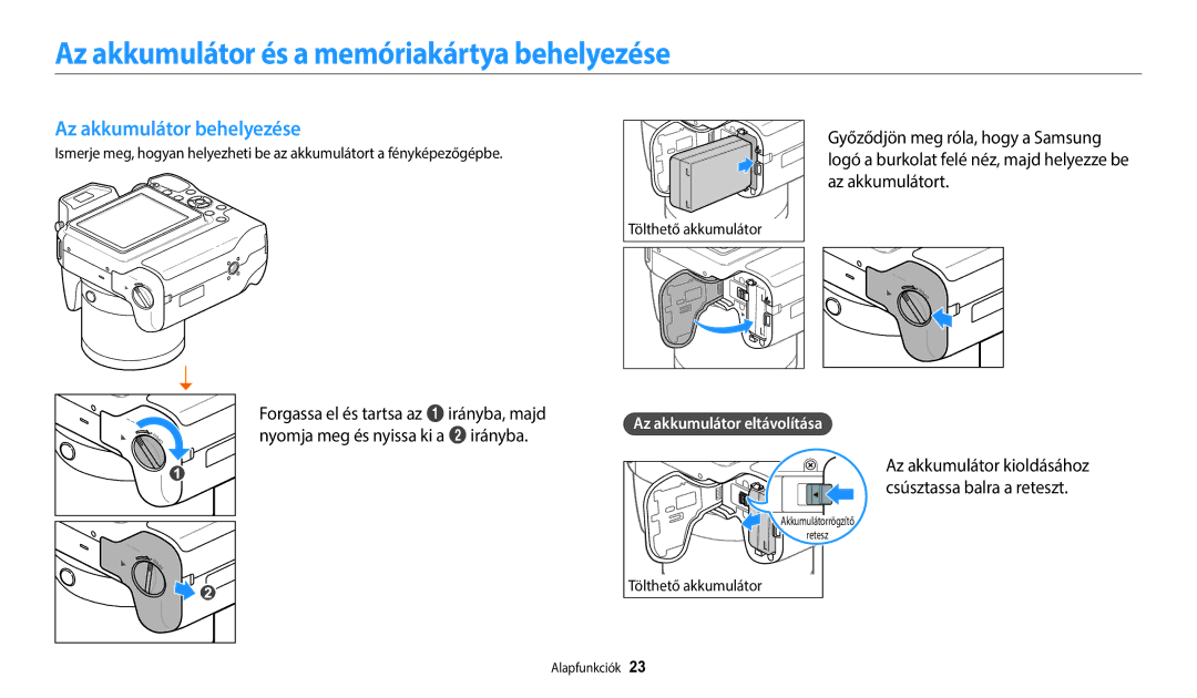 Samsung EC-WB2200BPBE3 Az akkumulátor és a memóriakártya behelyezése, Az akkumulátor behelyezése, Tölthető akkumulátor 