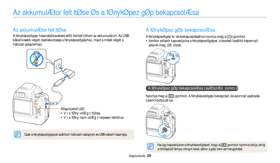 Samsung EC-WB2200BPBE3 manual Az akkumulátor feltöltése és a fényképezőgép bekapcsolása 