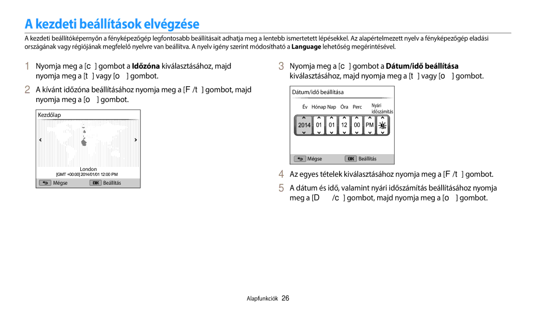 Samsung EC-WB2200BPBE3 Kezdeti beállítások elvégzése, Az egyes tételek kiválasztásához nyomja meg a F/t gombot, Kezdőlap 