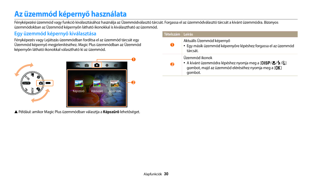 Samsung EC-WB2200BPBE3 manual Az üzemmód képernyő használata, Egy üzemmód képernyő kiválasztása, Tételszám Leírás 