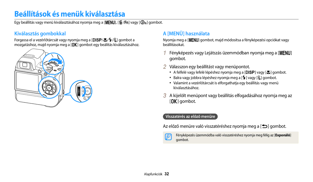 Samsung EC-WB2200BPBE3 manual Beállítások és menük kiválasztása, Kiválasztás gombokkal, Menü használata 