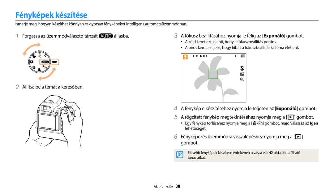 Samsung EC-WB2200BPBE3 manual Fényképek készítése, Rögzített fénykép megtekintéséhez nyomja meg a P gombot, Tanácsokat 