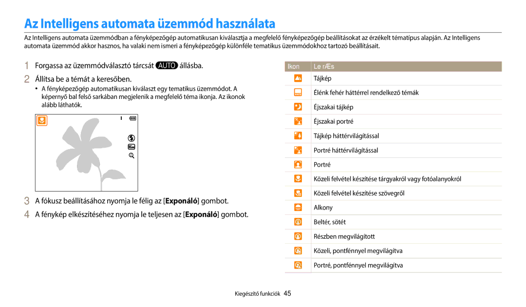 Samsung EC-WB2200BPBE3 manual Az Intelligens automata üzemmód használata 