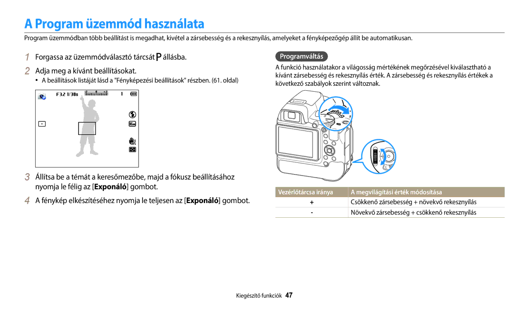 Samsung EC-WB2200BPBE3 manual Program üzemmód használata, Programváltás, Vezérlőtárcsa iránya 