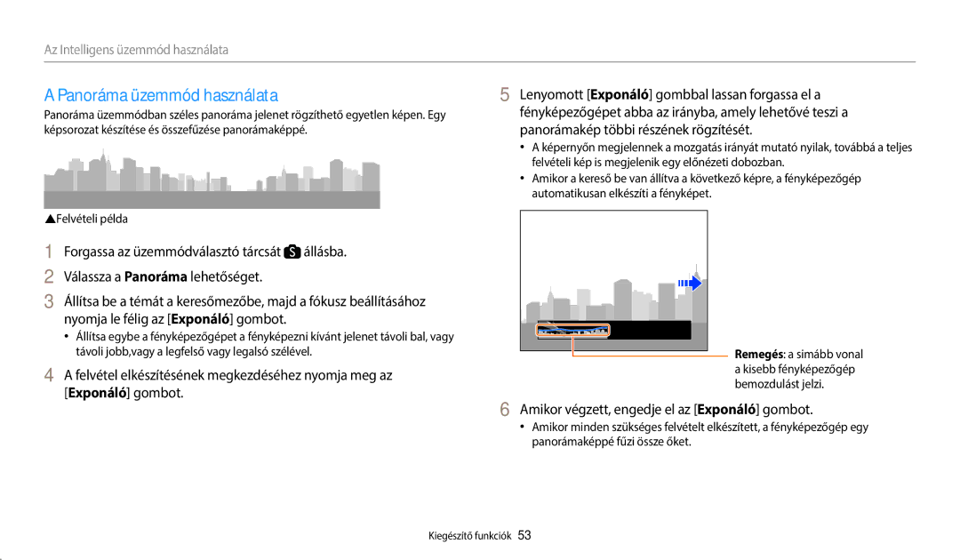 Samsung EC-WB2200BPBE3 manual Panoráma üzemmód használata, Amikor végzett, engedje el az Exponáló gombot, Bemozdulást jelzi 