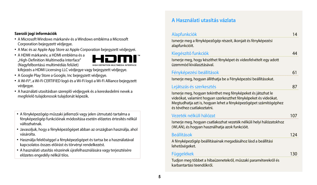 Samsung EC-WB2200BPBE3 manual Használati utasítás vázlata, 107, 124, 130, Szerzői jogi információk 