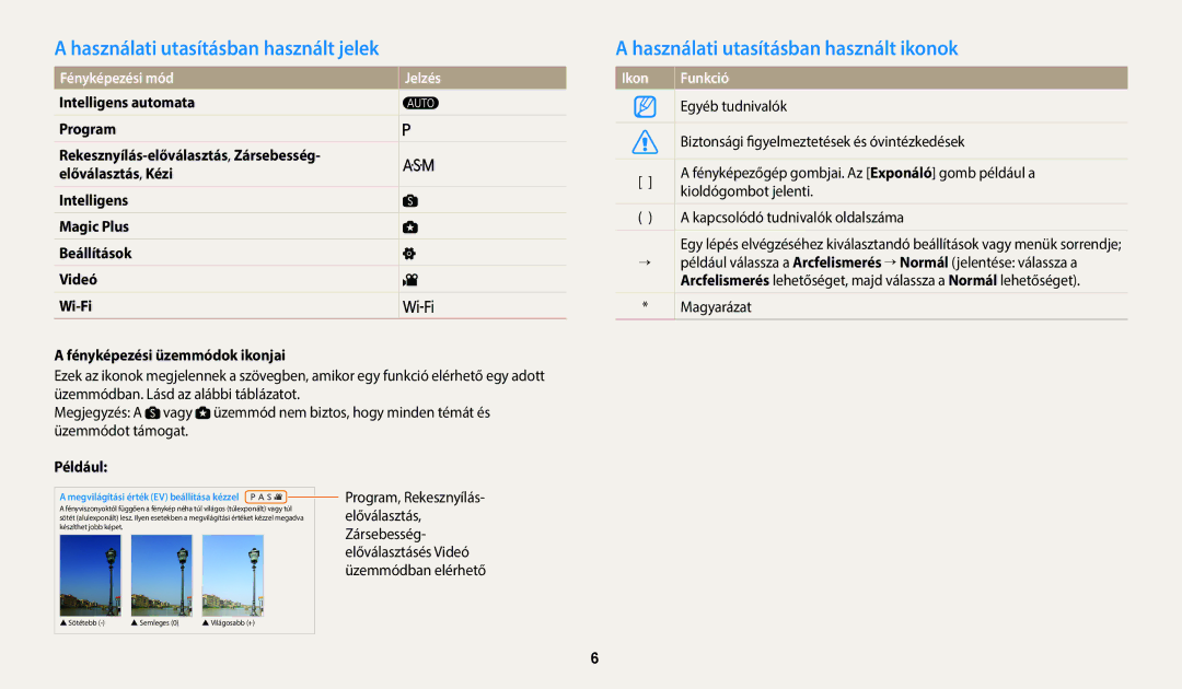 Samsung EC-WB2200BPBE3 Használati utasításban használt jelek, Használati utasításban használt ikonok, Fényképezési mód 