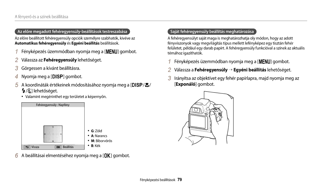 Samsung EC-WB2200BPBE3 manual Az előre megadott fehéregyensúly-beállítások testreszabása 