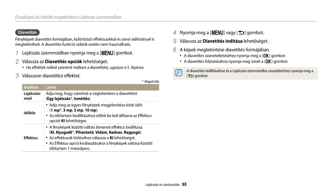 Samsung EC-WB2200BPBE3 manual Válasszon diavetítési effektet, Diavetítés 