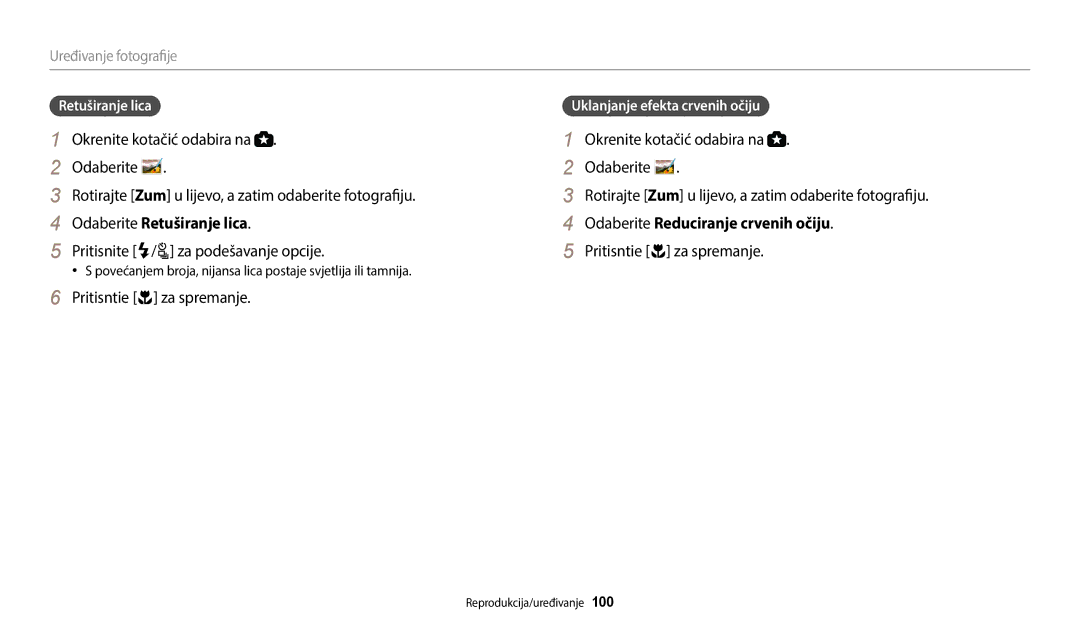 Samsung EC-WB2200BPBE3 Odaberite Retuširanje lica, Pritisnite F/t za podešavanje opcije, Uklanjanje efekta crvenih očiju 