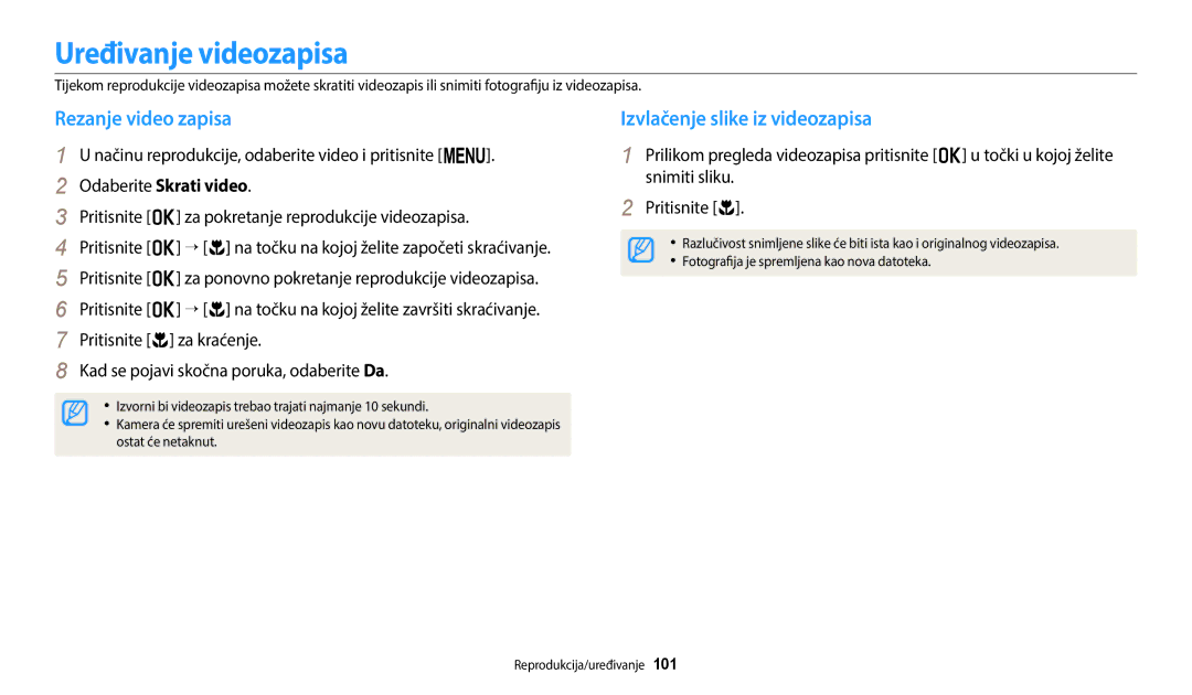 Samsung EC-WB2200BPBE3 manual Uređivanje videozapisa, Rezanje video zapisa, Izvlačenje slike iz videozapisa 