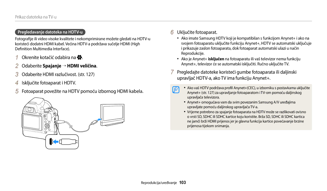 Samsung EC-WB2200BPBE3 manual Odaberite Spajanje → Hdmi veličina, Prikaz datoteka na TV-u, Pregledavanje datoteka na HDTV-u 