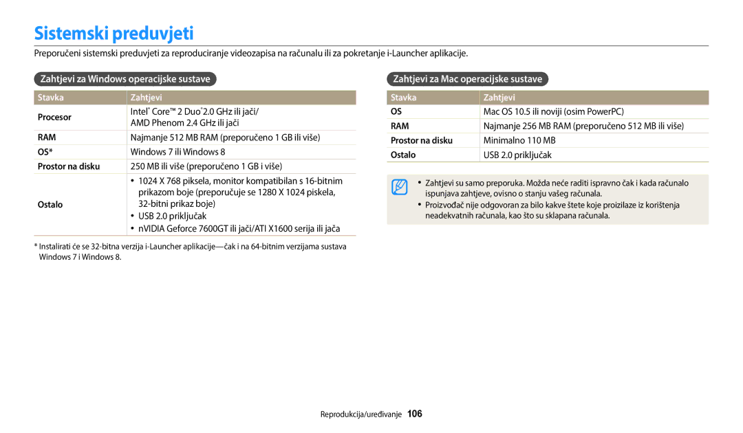 Samsung EC-WB2200BPBE3 Sistemski preduvjeti, Zahtjevi za Windows operacijske sustave, Zahtjevi za Mac operacijske sustave 