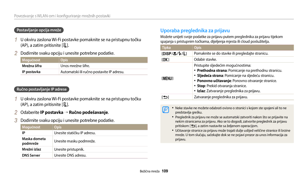 Samsung EC-WB2200BPBE3 manual Uporaba preglednika za prijavu, AP, a zatim pritisnite t, Postavljanje opcija mreže 