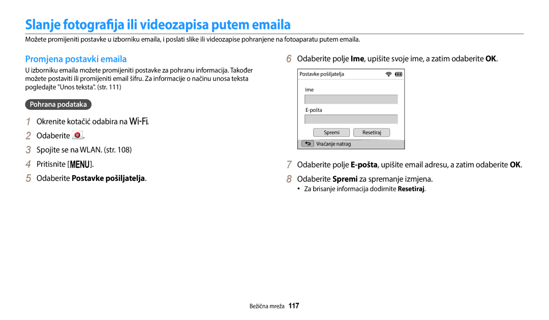 Samsung EC-WB2200BPBE3 manual Slanje fotografija ili videozapisa putem emaila, Promjena postavki emaila 