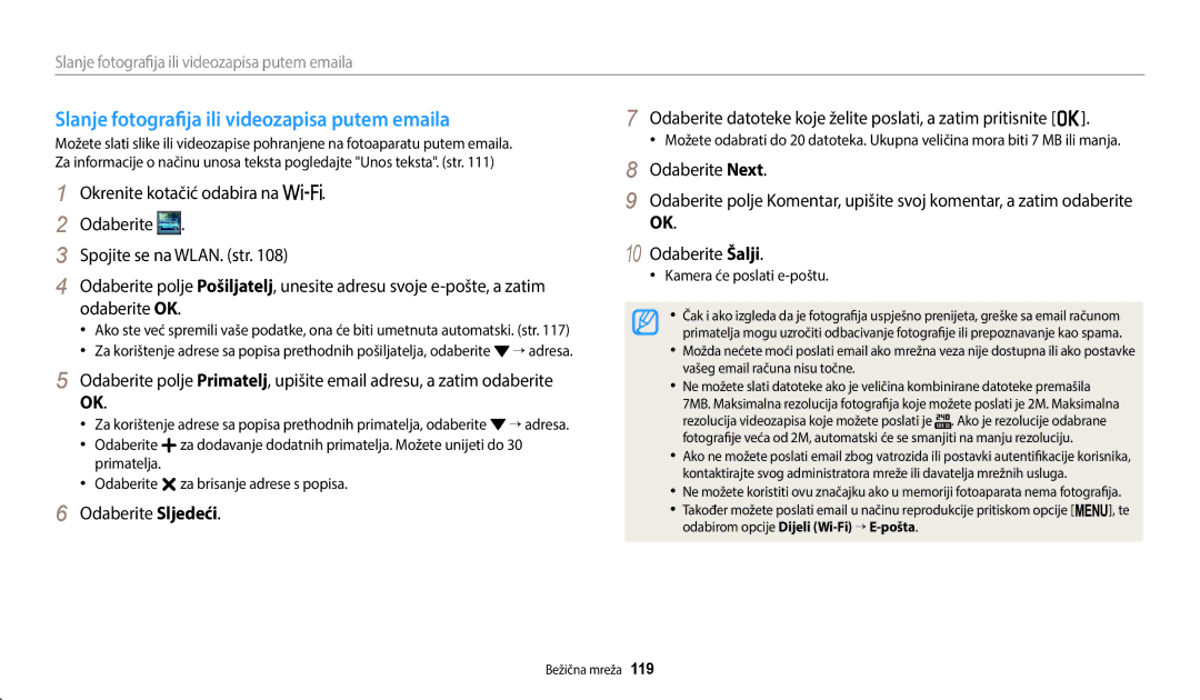 Samsung EC-WB2200BPBE3 manual Slanje fotografija ili videozapisa putem emaila, Kamera će poslati e-poštu 