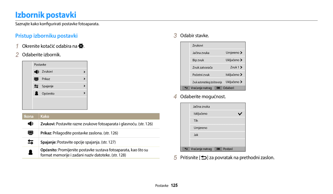 Samsung EC-WB2200BPBE3 manual Izbornik postavki, Pristup izborniku postavki, Okrenite kotačić odabira na Odaberite izbornik 