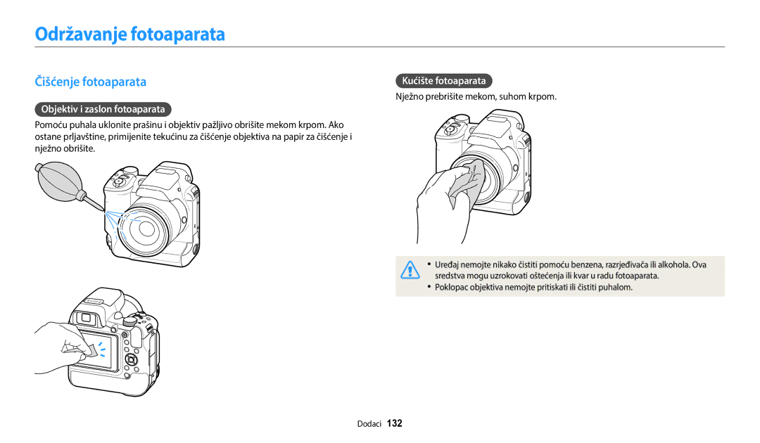 Samsung EC-WB2200BPBE3 Održavanje fotoaparata, Čišćenje fotoaparata, Objektiv i zaslon fotoaparata, Kućište fotoaparata 