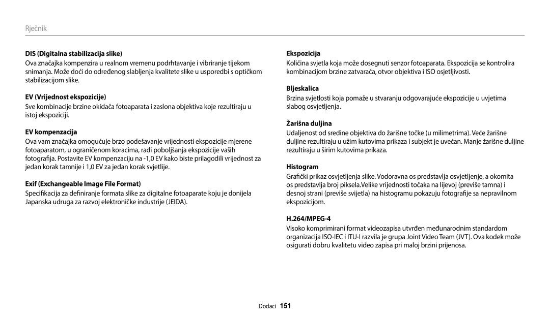 Samsung EC-WB2200BPBE3 manual Rječnik 