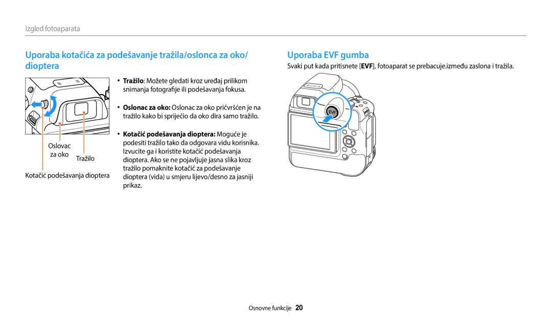 Samsung EC-WB2200BPBE3 manual Uporaba EVF gumba, Dioptera 