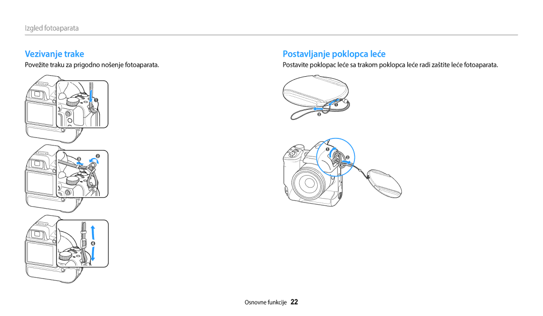 Samsung EC-WB2200BPBE3 manual Vezivanje trake Postavljanje poklopca leće, Povežite traku za prigodno nošenje fotoaparata 