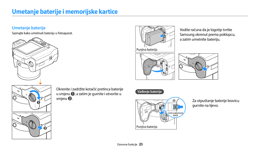 Samsung EC-WB2200BPBE3 manual Umetanje baterije i memorijske kartice, Za otpuštanje baterije bravicu gurnite na lijevo 