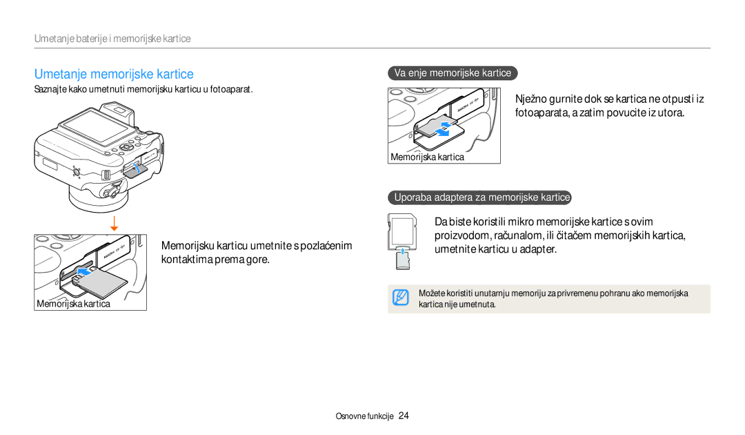 Samsung EC-WB2200BPBE3 Umetanje memorijske kartice, Umetanje baterije i memorijske kartice, Vađenje memorijske kartice 