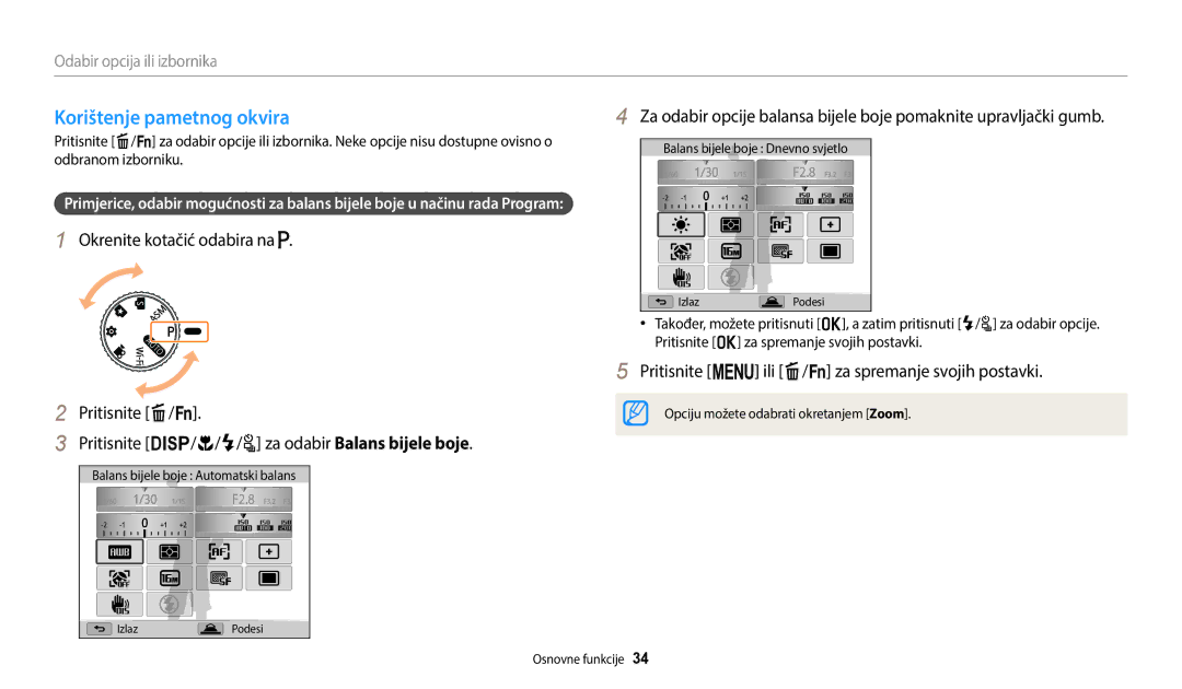 Samsung EC-WB2200BPBE3 manual Korištenje pametnog okvira, Pritisnite m ili f/s za spremanje svojih postavki 