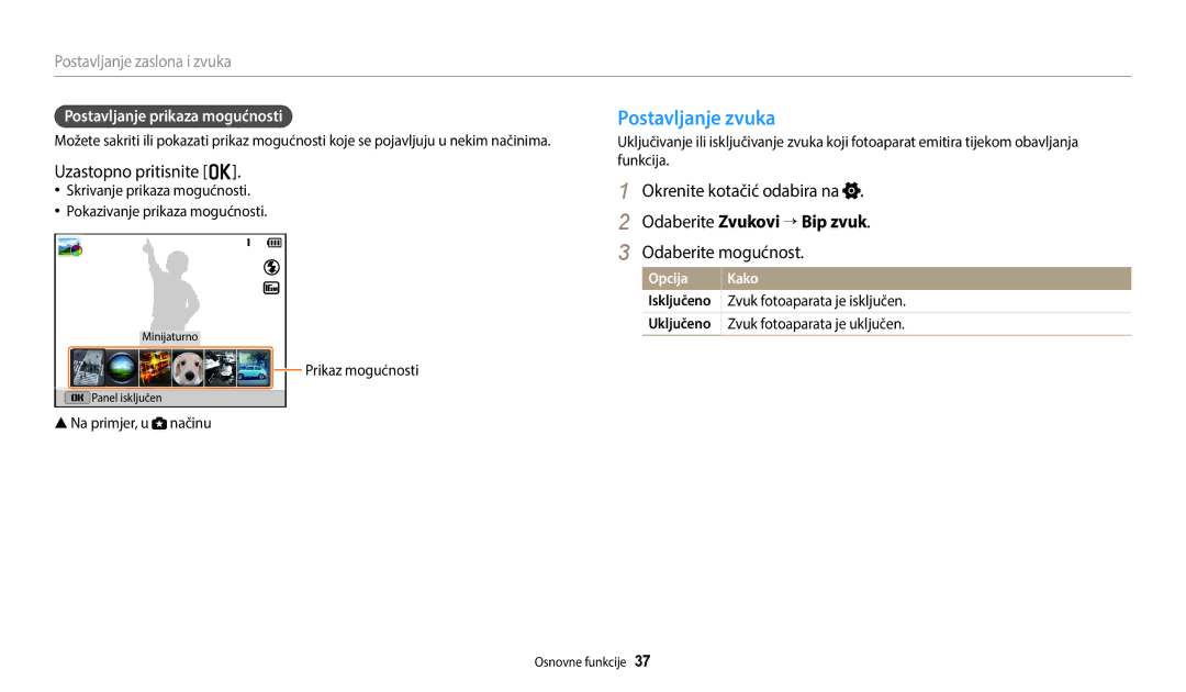 Samsung EC-WB2200BPBE3 manual Postavljanje zvuka, Uzastopno pritisnite o, Odaberite Zvukovi → Bip zvuk, Odaberite mogućnost 