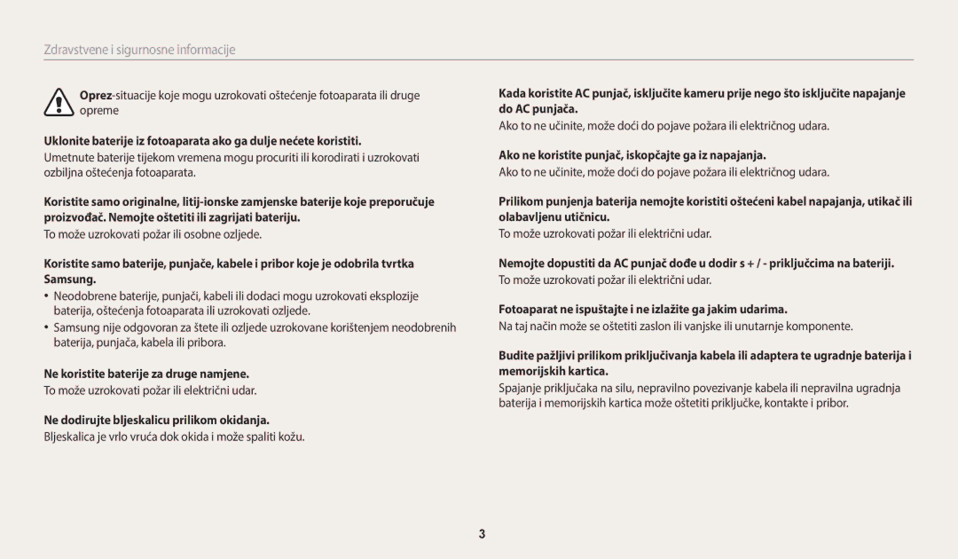 Samsung EC-WB2200BPBE3 manual Ne koristite baterije za druge namjene, Ne dodirujte bljeskalicu prilikom okidanja 