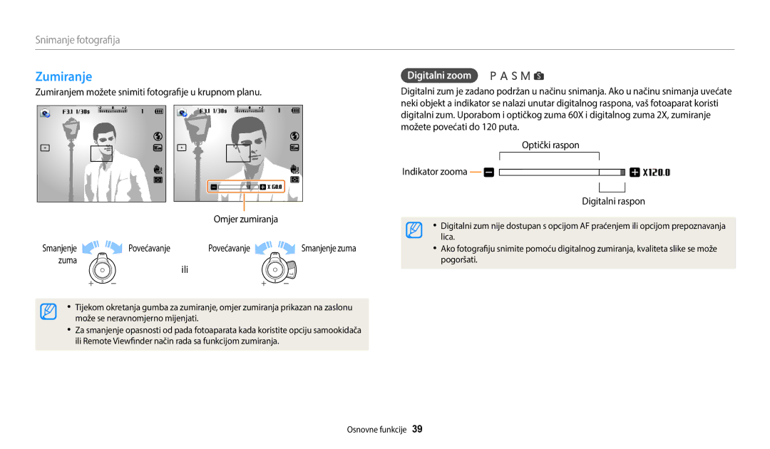 Samsung EC-WB2200BPBE3 manual Zumiranje, Snimanje fotografija, Digitalni zoom 