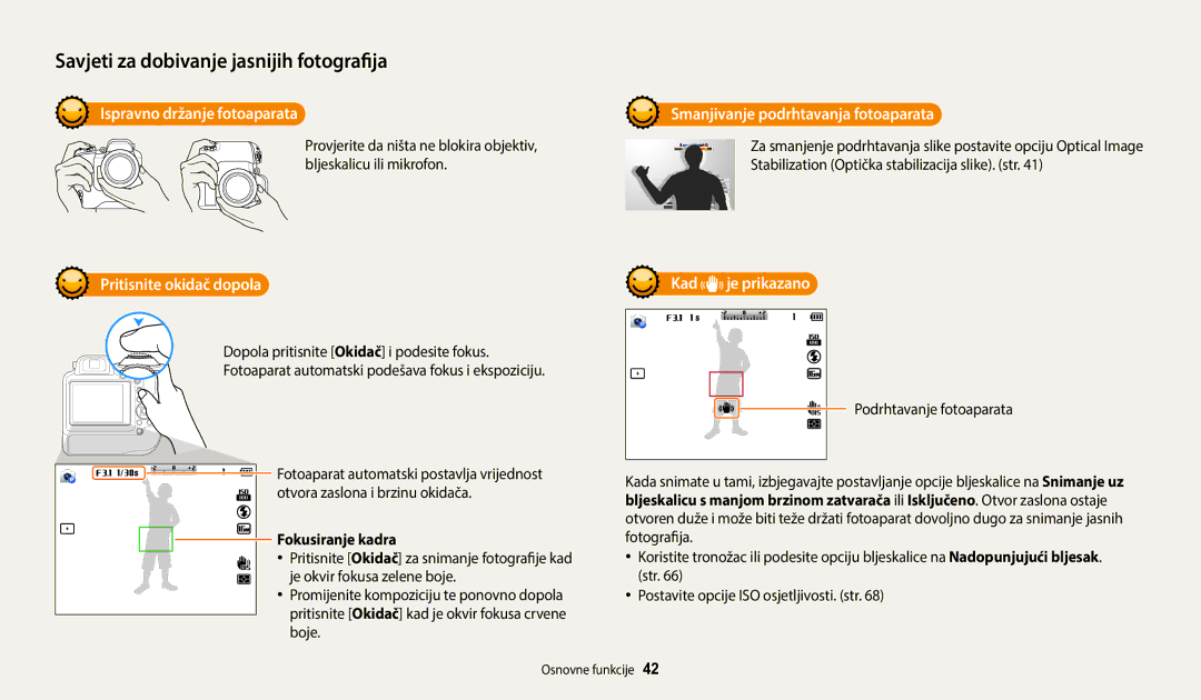 Samsung EC-WB2200BPBE3 manual Ispravno držanje fotoaparata, Pritisnite okidač dopola Kad, Fokusiranje kadra 