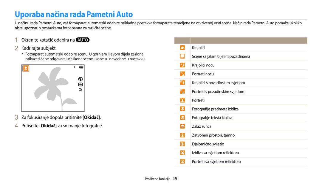 Samsung EC-WB2200BPBE3 manual Uporaba načina rada Pametni Auto, Okrenite kotačić odabira na Kadrirajte subjekt 