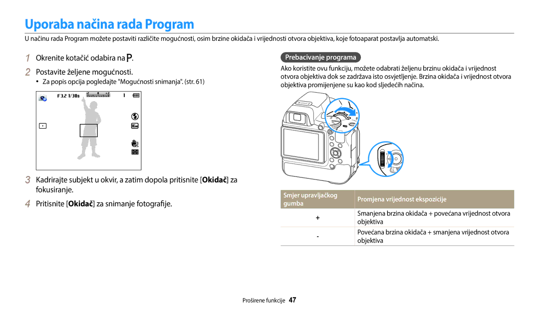 Samsung EC-WB2200BPBE3 manual Uporaba načina rada Program, Okrenite kotačić odabira na Postavite željene mogućnosti, Gumba 