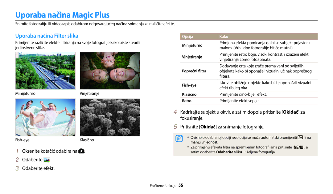 Samsung EC-WB2200BPBE3 manual Uporaba načina Magic Plus, Uporaba načina Filter slika 