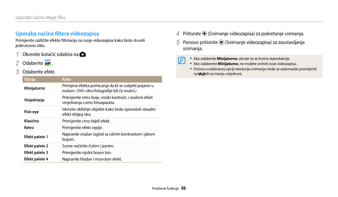 Samsung EC-WB2200BPBE3 manual Uporaba načina filtera videozapisa, Uporaba načina Magic Plus, Efekt palete 