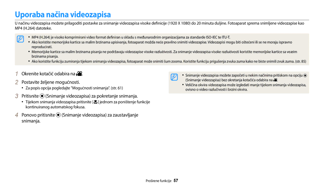 Samsung EC-WB2200BPBE3 manual Uporaba načina videozapisa, Pritisnite Snimanje videozapisa za pokretanje snimanja 