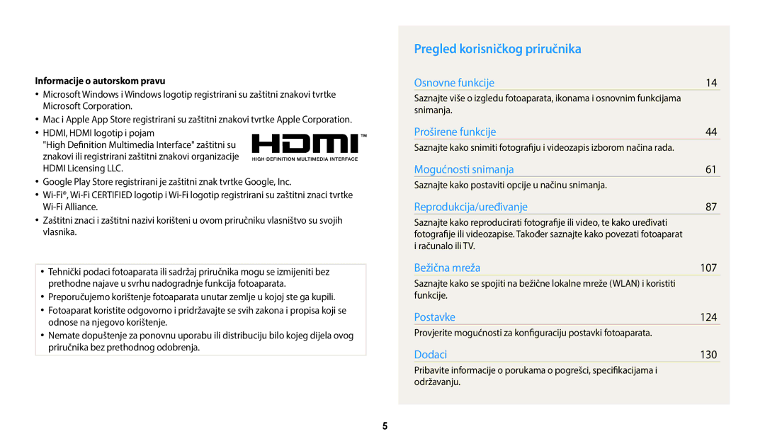 Samsung EC-WB2200BPBE3 manual Pregled korisničkog priručnika, 124, 130, Informacije o autorskom pravu, Održavanju 