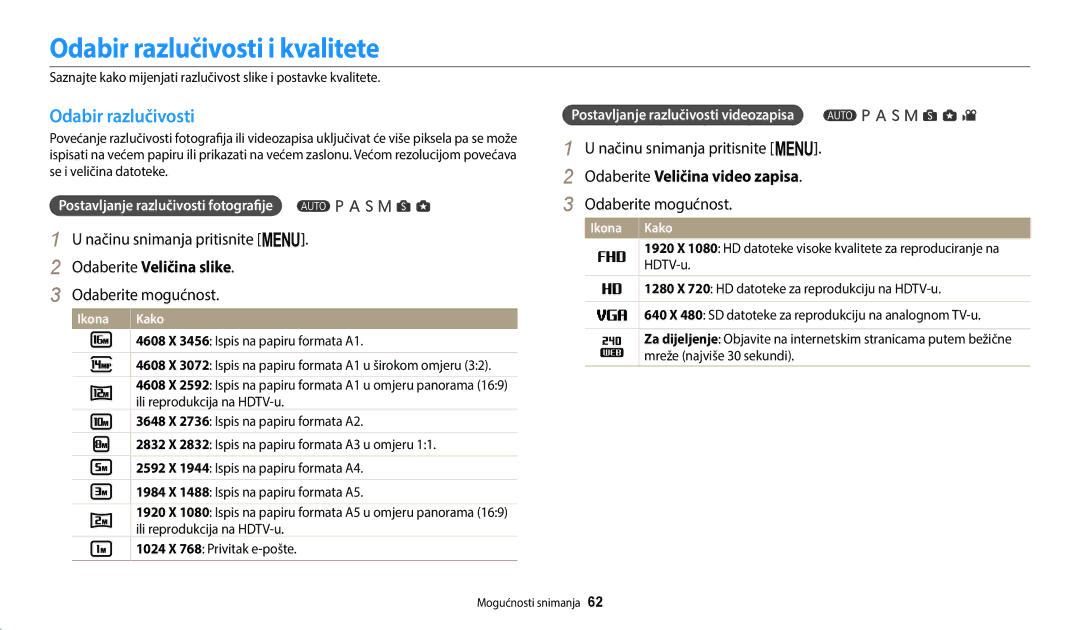 Samsung EC-WB2200BPBE3 manual Odabir razlučivosti i kvalitete, Odaberite Veličina slike, Odaberite Veličina video zapisa 