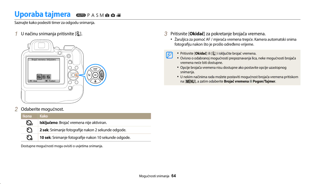 Samsung EC-WB2200BPBE3 Uporaba tajmera, Načinu snimanja pritisnite t, Pritisnite Okidač za pokretanje brojača vremena 