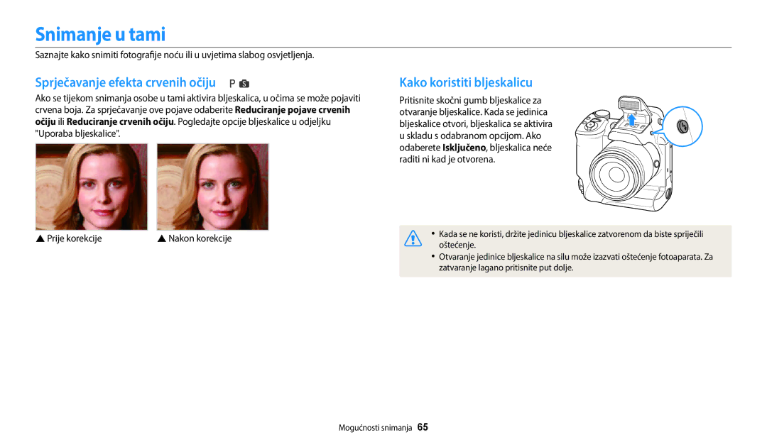 Samsung EC-WB2200BPBE3 manual Snimanje u tami, Sprječavanje efekta crvenih očiju, Kako koristiti bljeskalicu 