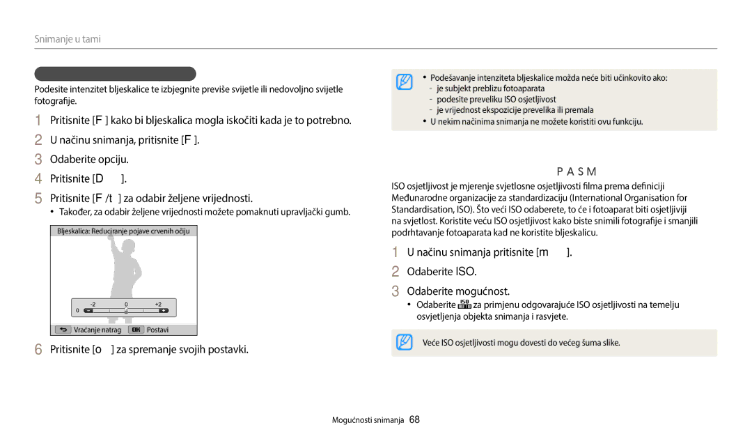 Samsung EC-WB2200BPBE3 manual Podešavanje ISO osjetljivosti, Podešavanje intenziteta bljeskalice 