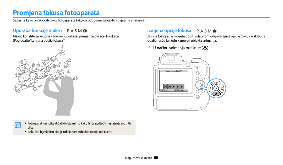 Samsung EC-WB2200BPBE3 manual Promjena fokusa fotoaparata, Uporaba funkcije makro, Izmjena opcije fokusa 